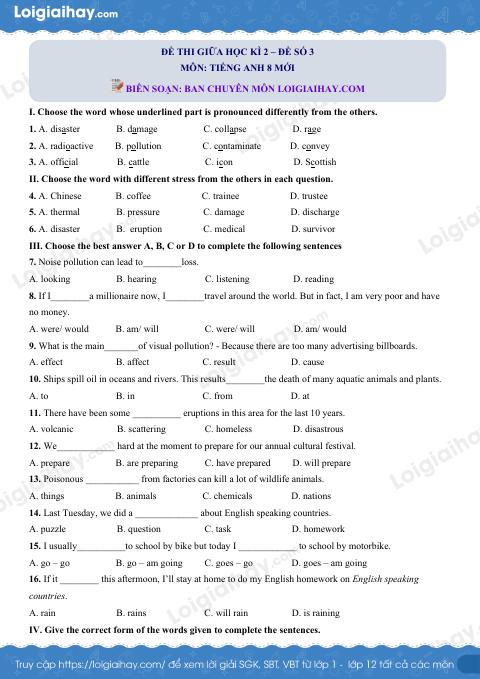 Đề số 3 - Đề kiểm tra giữa kì 2 - Tiếng Anh 8 mới